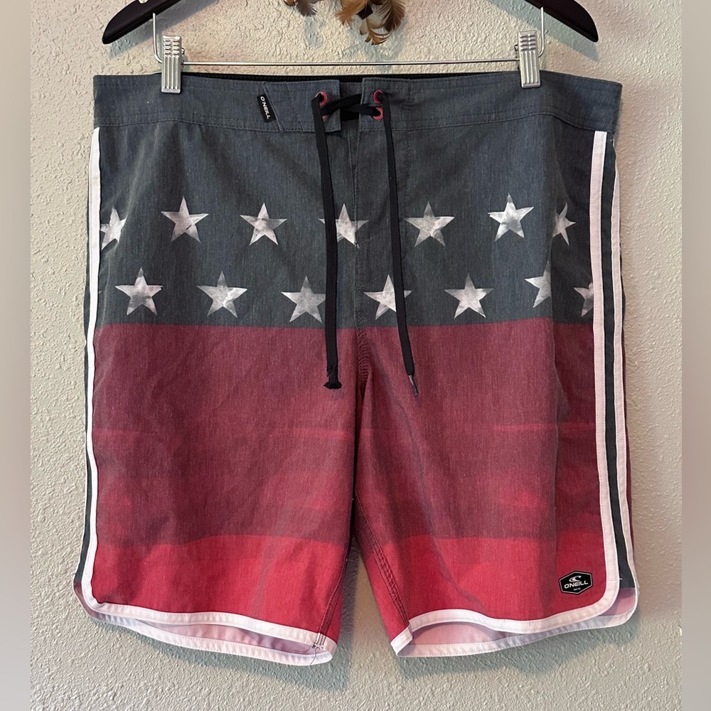 O’Neill Men’s Board Shorts Size 36 American Flag Swim Trunks Patriotic Beach